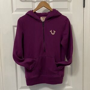 True Religion Women’s Hoodie in Rich Purple 1/4 Zip with rhinestone decoration.